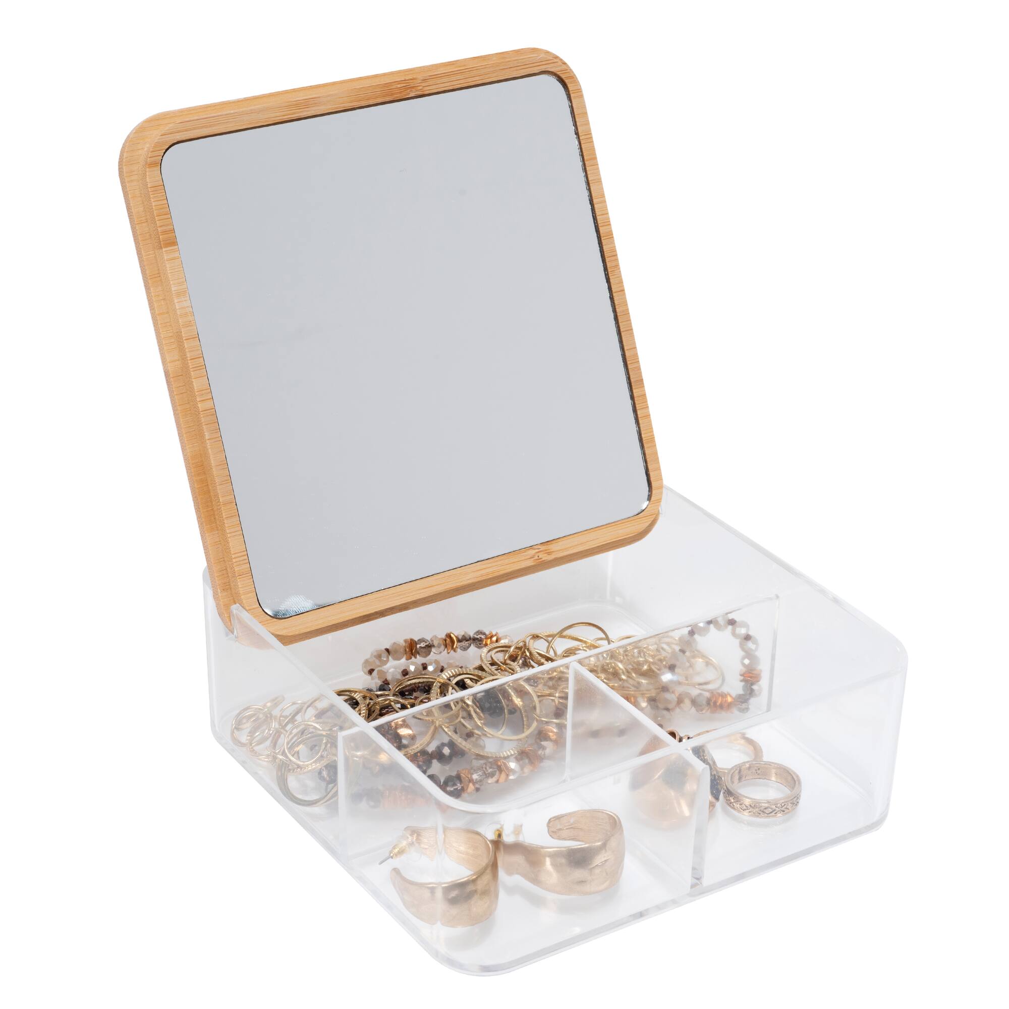Simplify Bamboo Lid & Mirror Clear Compartment Organizer